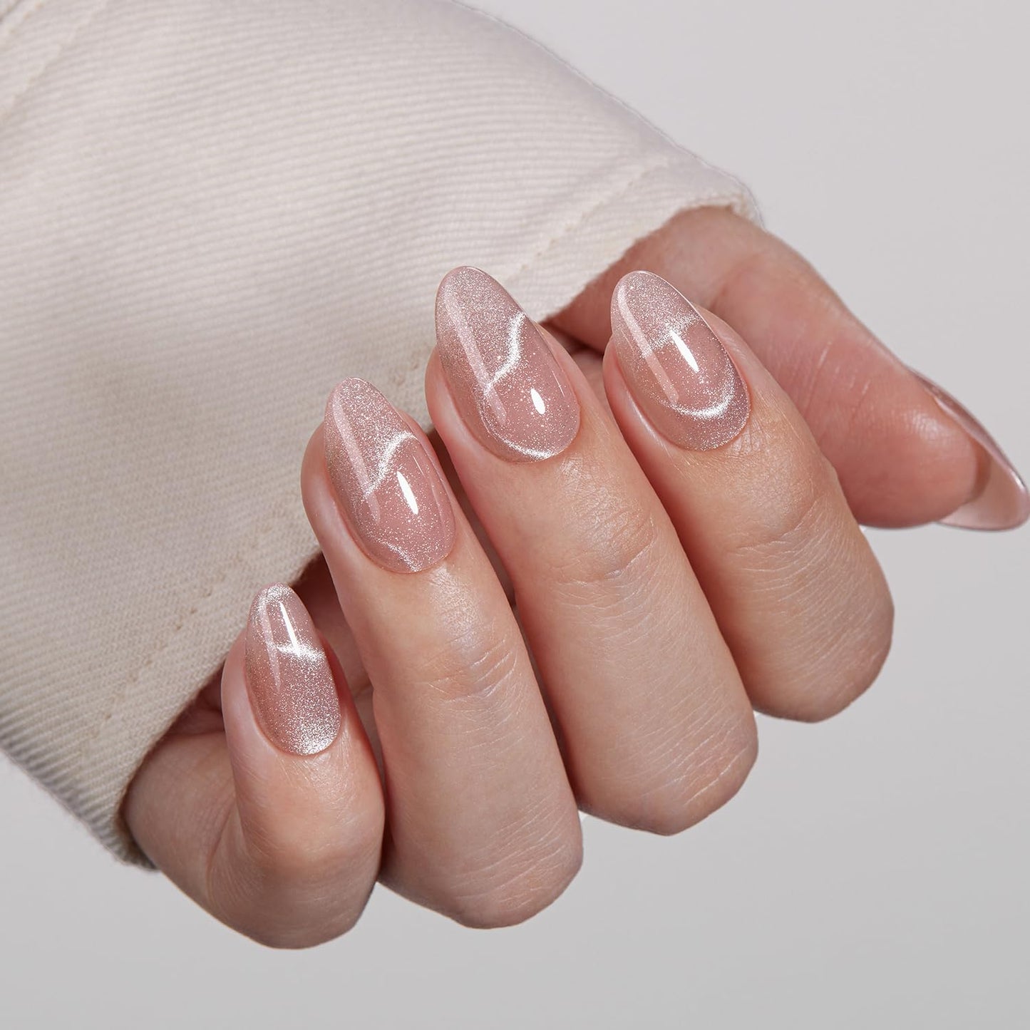 VSALON Press On Nails Short Almond, Nude Pink Cat Eye Press On Nails Neutral Sparkly Spring Fake Nail With UV Glue On Nail Kit, Reusable Salon Quality Summer Stick On Nails 32 Pcs 16 Sizes