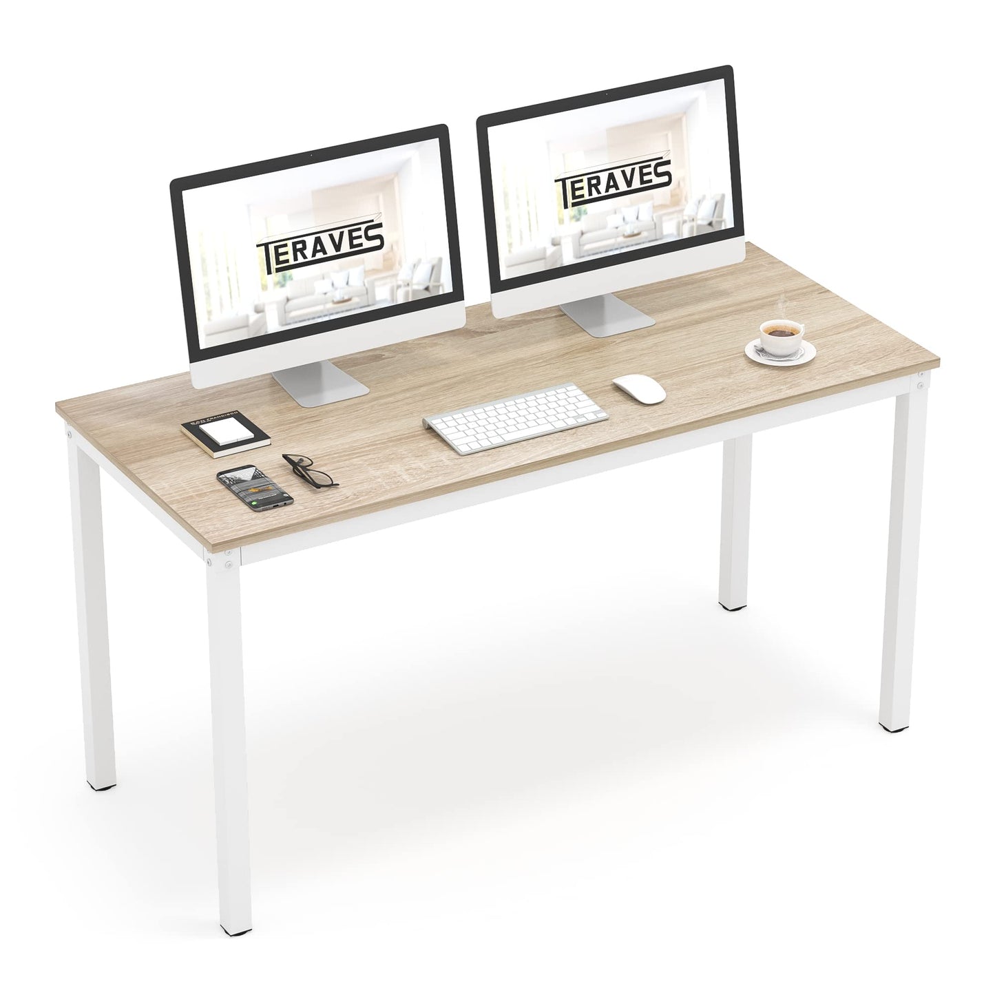 Teraves Computer Desk/Dining Table Office Desk Sturdy Writing Workstation for Home Office (47.24”, Beige + White Frame)
