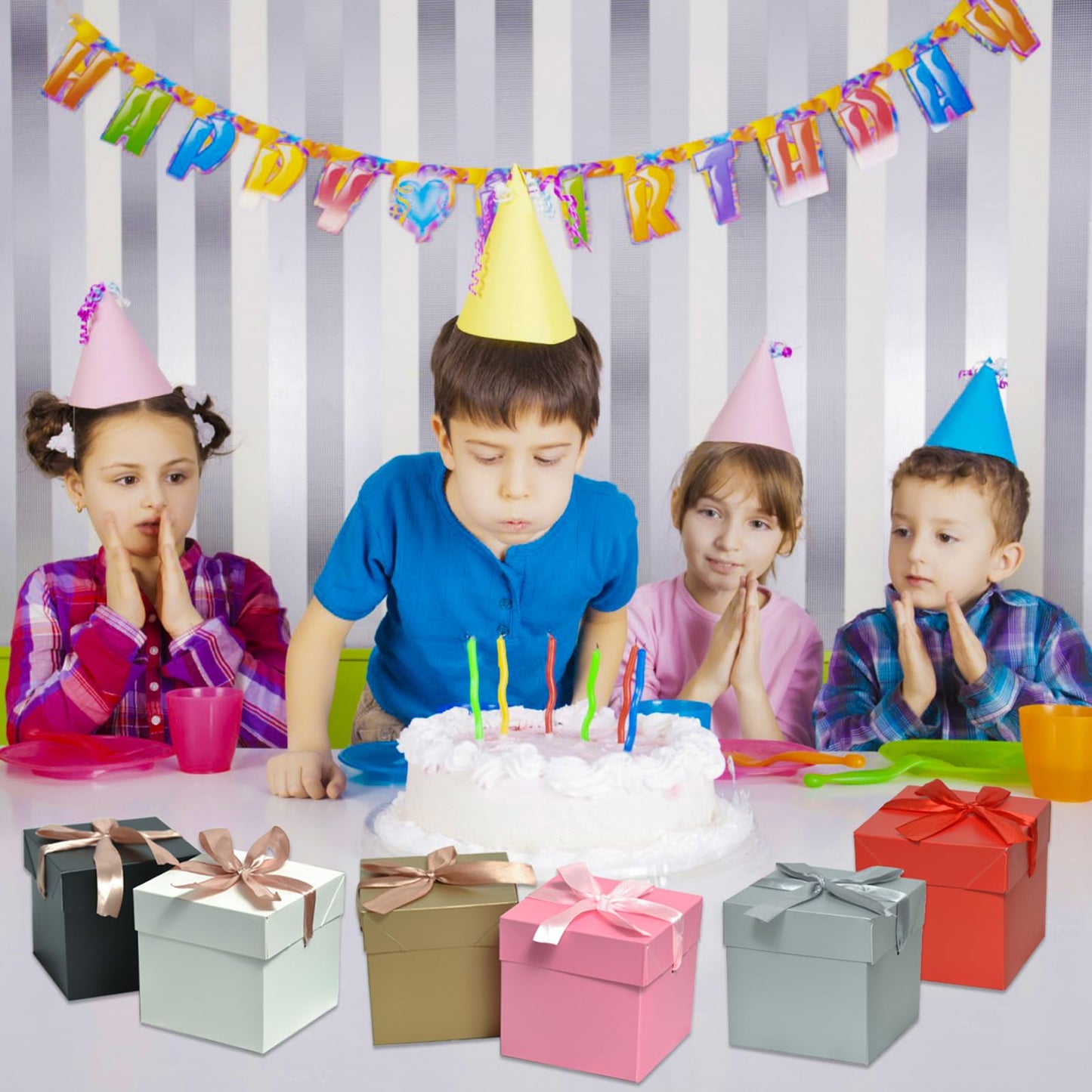 GP SUP 12 Pcs Mixed Color Gift Boxes with Lids, 10x10x10cm,6 Color Squared Boxes for Birthday Wedding Party Mother's Day(Multicolor, 4x4x4 Inch)