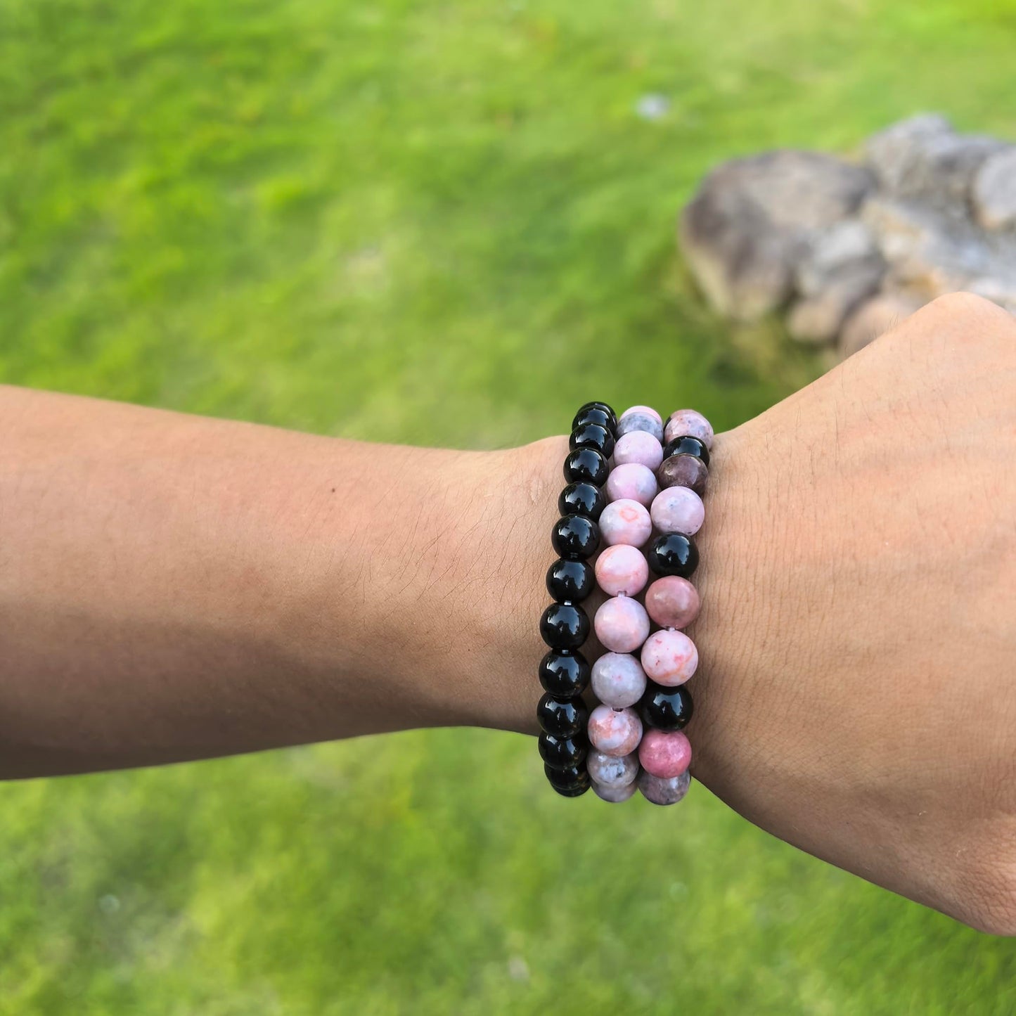 Crgwxzl Healing Crystal Bracelets for Women 8mm Natural Stone Beaded Stretch Bracelet Pink zebra Rhodonite Black Obsidian Spiritual Gemstone Jewelry Gifts