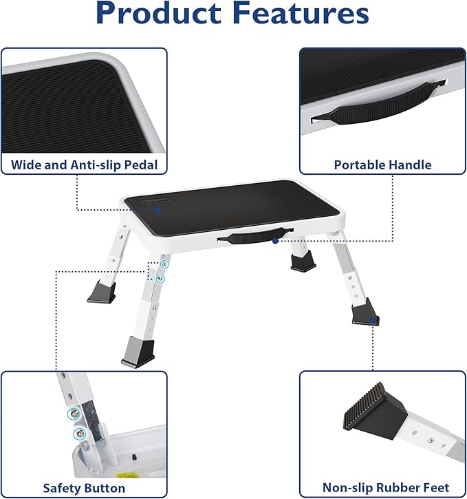 BONTEC Folding Step Stool, 3-Level Adjustable Metal Step Stool with Anti-Slip Pedal and Locking Legs, 330lbs Heavy Duty Folding Foot Stool, Portable Stepping Stool for Kids, Kitchen, Home, Office