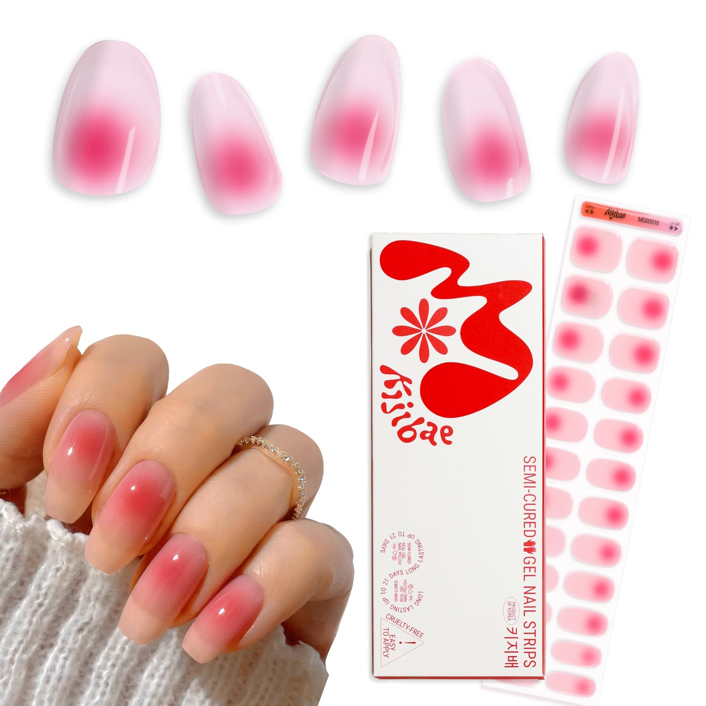 Kijibae Semi Cured Gel Polish Strips | 24pc UV LED Required Wraps | Gift Peel and Stick Nails | Coquette DIY Home Manicure | Press On Alternative (Champagne Blush)