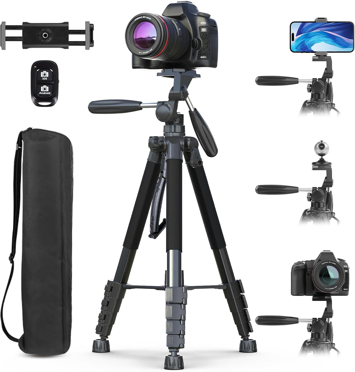 UBeesize 74" Camera Tripod with Phone Holder and Remote, Heavy Duty Tripod Stand with Portable Bag for Phone and Camera, Compatible with DSLR Cameras, Cell Phones, Spotting Scopes and Binoculars