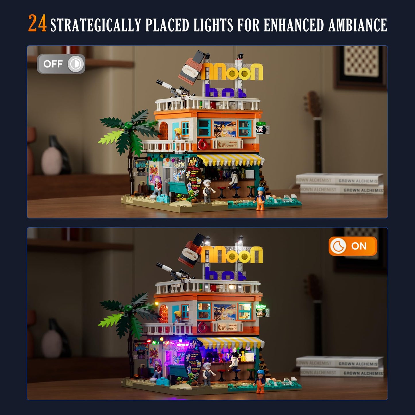 Lumibricks Moon Bar Lighting Building Bricks Set - Road Trip Modular Collection Display Kit with LED and Minifigures 2186 Pcs for Adults & Teens & Marine Enthusiasts