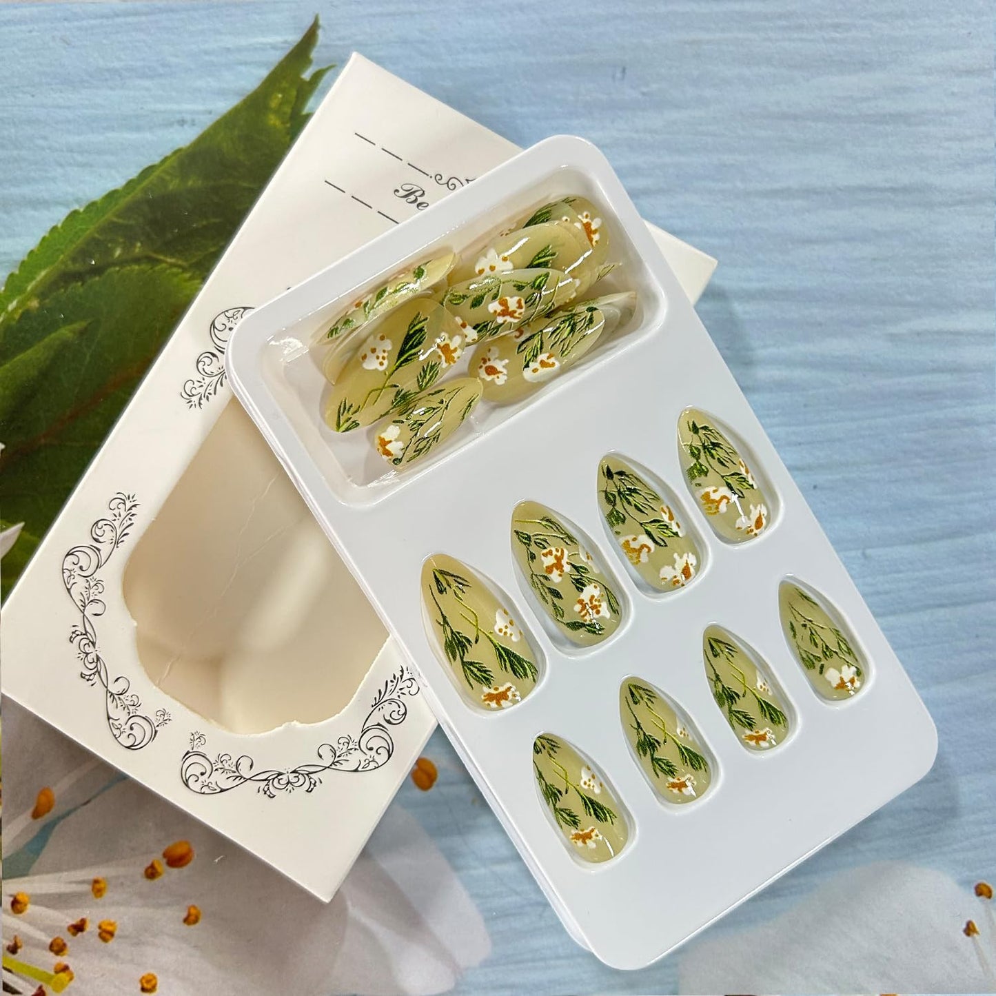 Press on Nails Medium Almond Shaped Flowers and Grass Pattern Design Acrylic Fake Nail Full Cover Glossy Artificial Fingernails Blossom Stick on Nail Press Ons Reusable Glue on Nails for Women 24Pcs