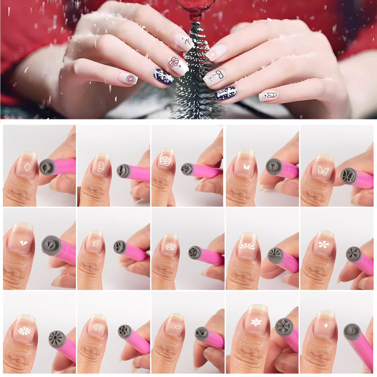 JERCLITY 15pcs Nail Art Stamp Pen Set Flower Leaf Butterfly Patterns Nail Art Stamps Pen Manicure Graffiti Tools Nail Art Pens for Women Girls