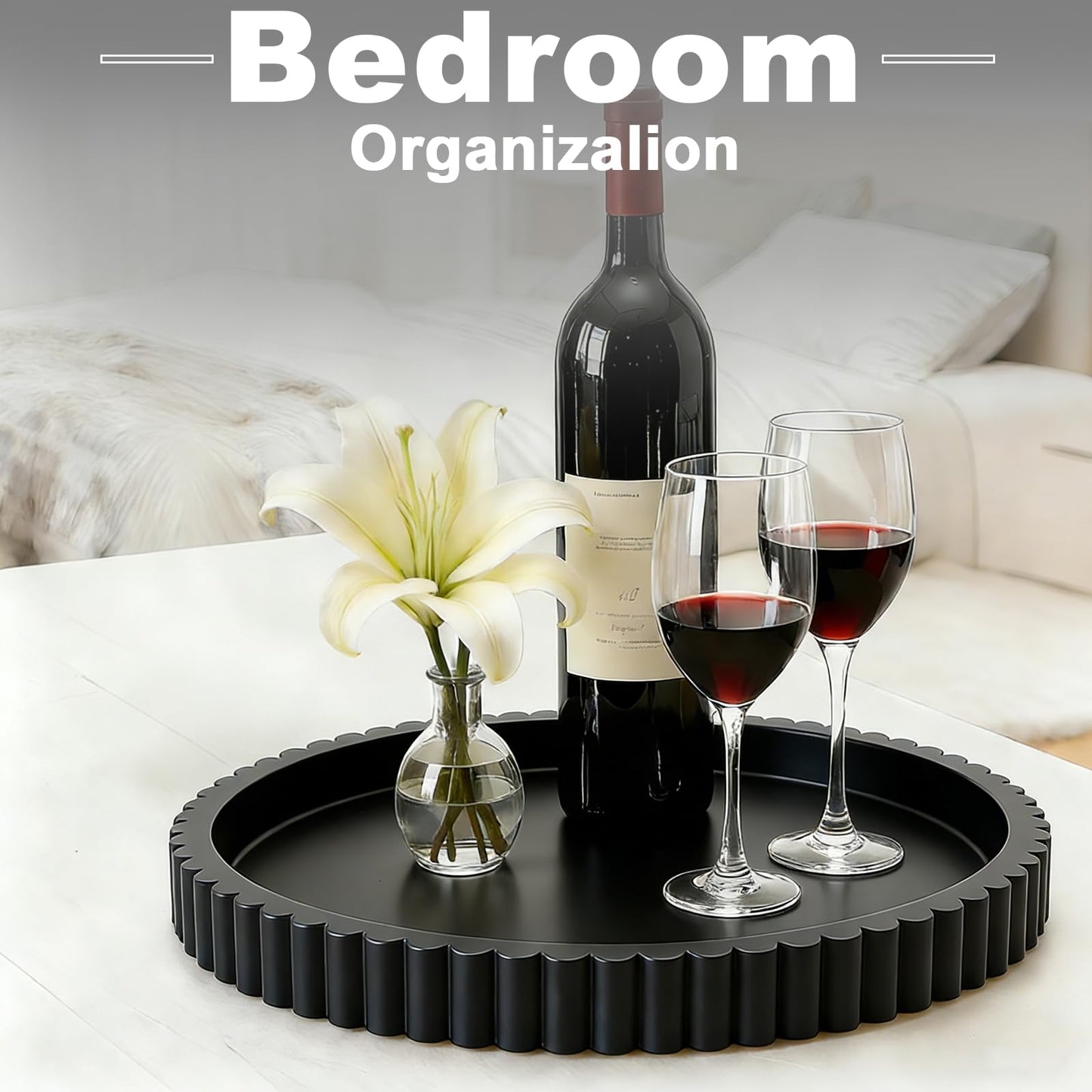 HUGZNLFEI Round Decorative Tray for Coffee Table Decor - Resin Modern Table Centerpieces Decorative Trays for Kitchen, Dining, Living Room, Home Decor Housewarming Gift - Black
