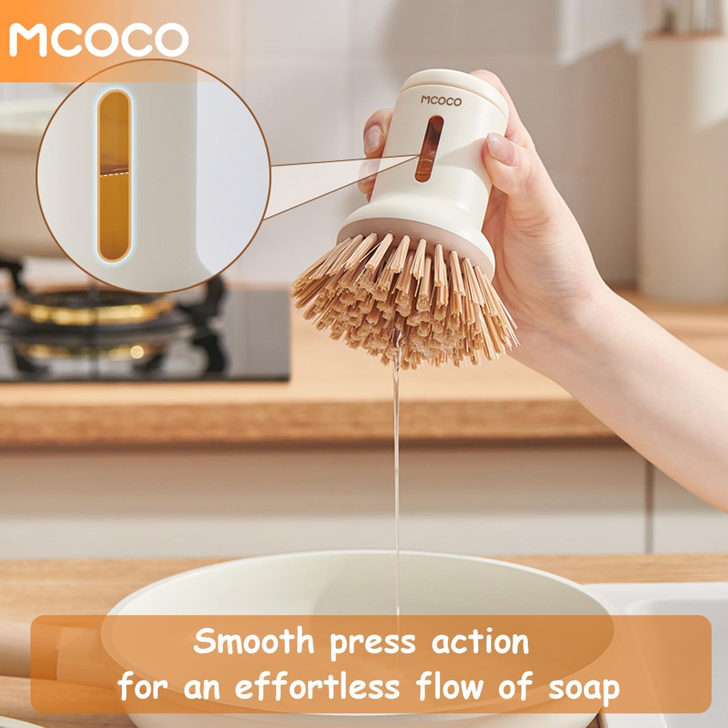 MCOCO Dish Brush Set with Soap Dispensing Palm Brush Dish Scrub Brush with Soap Dispenser Palm Dish Brush Kitchen Cleaning Brush with Ergonomic Long Handle for Cleaning Sink, Pot, Pan, Stove, Yellow