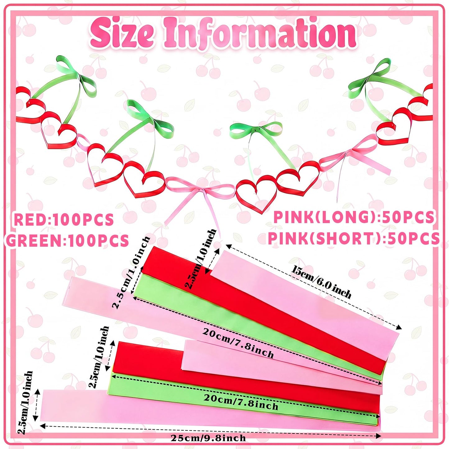 Gueevin 300 Sheets Cherry Party Paper Chain Strips Decorations Paper About 41 Feet in Total with 1 Roll Double Sided Tape DIY Cherry and Bow Hanging Banner for Baby Shower Bridal Bachelorette Wedding