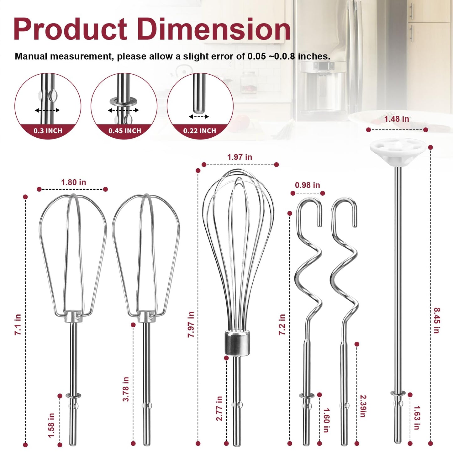 Hand Mixer Attachments Beater, Whisk, Blending Rod and Dough Hooks, Stainless Steel Hand Mixer Accessories Compatible with Kitchenaid Hand Mixers KHM3 KHM5 KHM7 KHM9, Set of 6