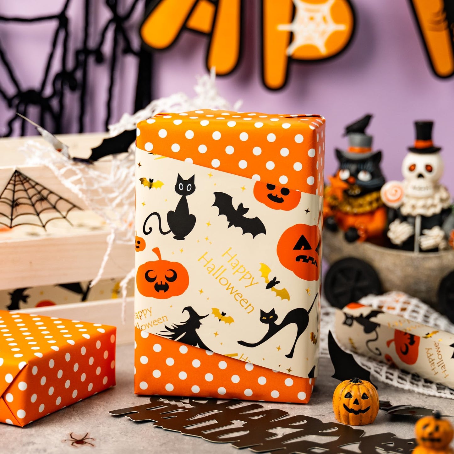 Burymento Reversible Halloween Wrapping Paper, Pumpkin, Witch Hat and Polka Dot Design, Suitable for Halloween, Christmas Nightmare Holidays, Parties, Mini Rolls (17 Inches X 32.8 Feet)