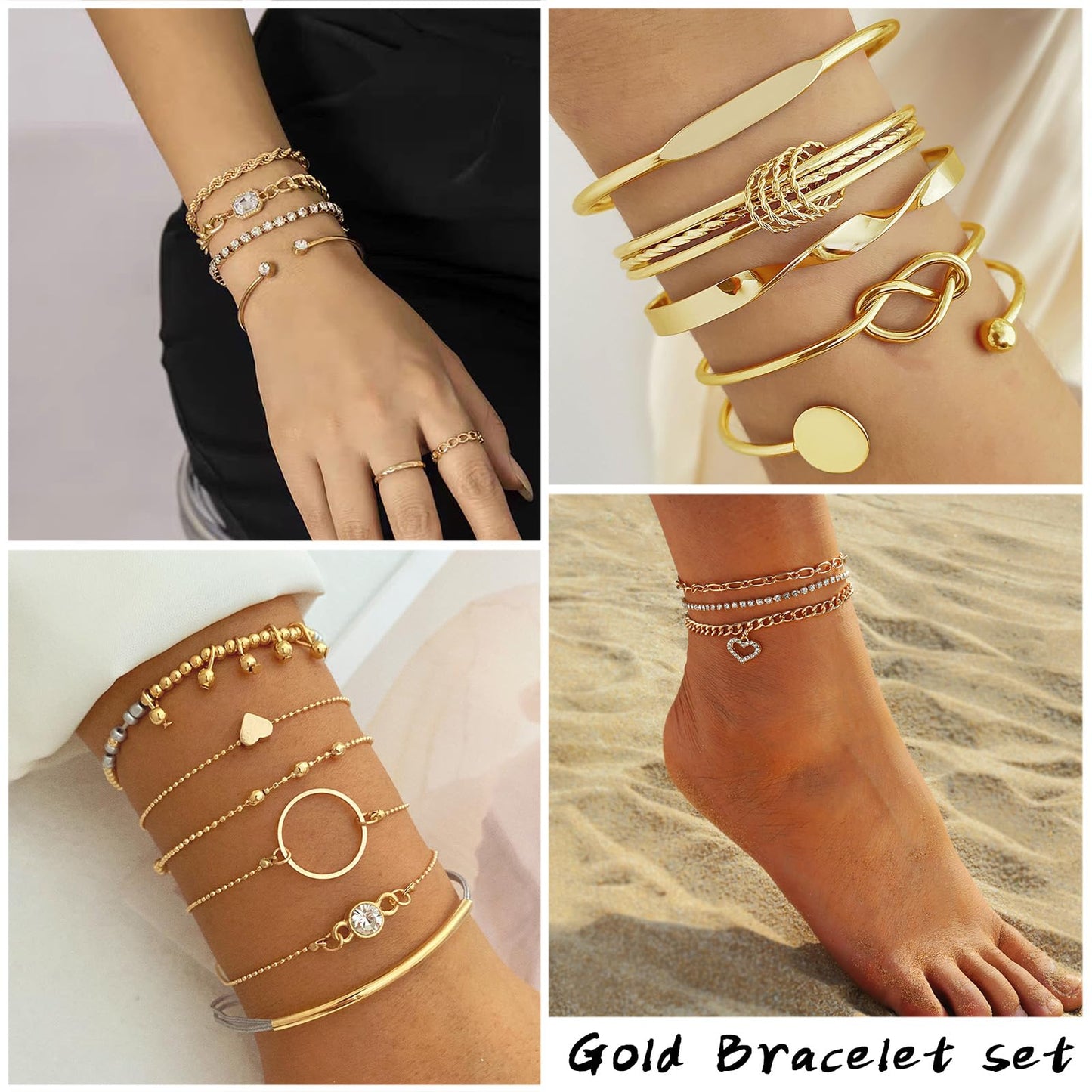 IFKM 6 Pack (27 Pcs) 14K Gold Plated Stackable Open Cuff Bangle Chain Bracelets Set for Women