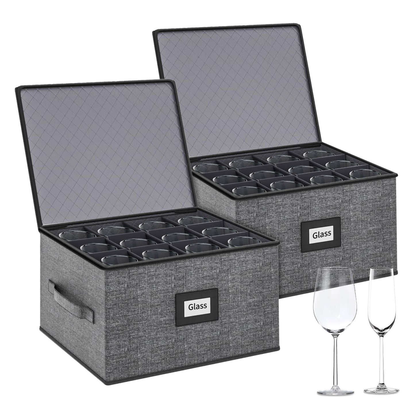 Aokeyee 2-Pack Wine Glass Storage Box with Dividers, Hard Shell Stemware Case Holds 24 Crystal Glasses & Drinkware, for Moving & Protection, Grey