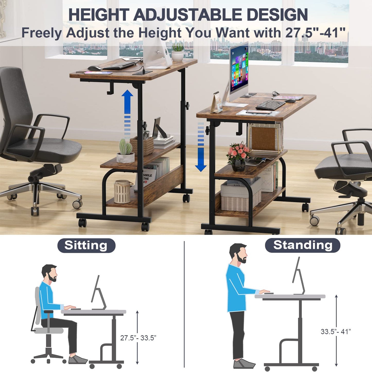 Armocity Rolling Standing Desk with Power Outlets, 32" Manual Height Adjustable Mobile Computer Desk with Wheels, Small Portable Sit Stand Laptop Couch Table for Bed & Sofa Home Office, Rustic Brown