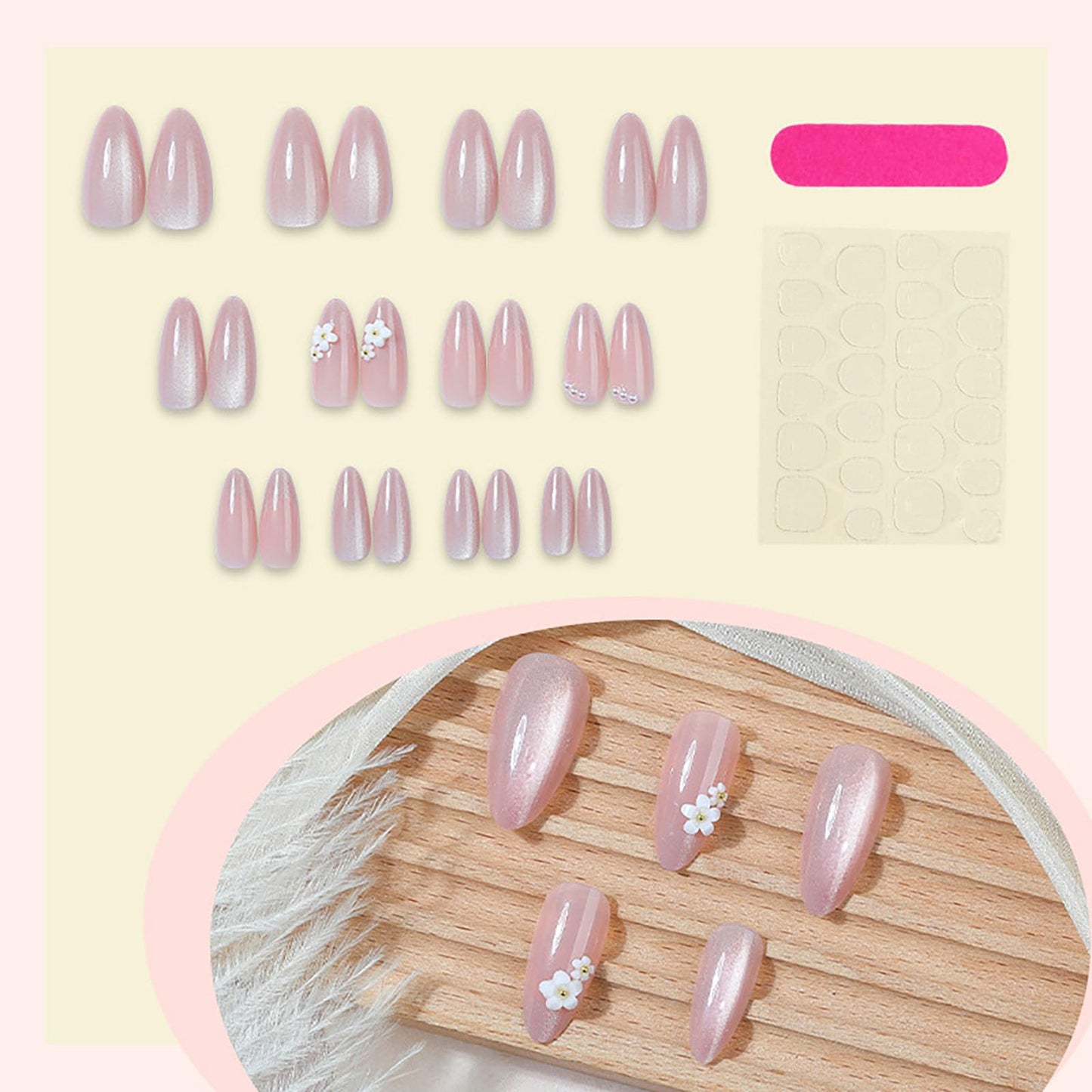 RUOKEXIN Almond Press on Nails French Tip Fake Nails Pink Cat Eye False Nails with 3D Flower Designs Medium Nail Press ons Sparkly Artificial Nails for Women 24Pcs
