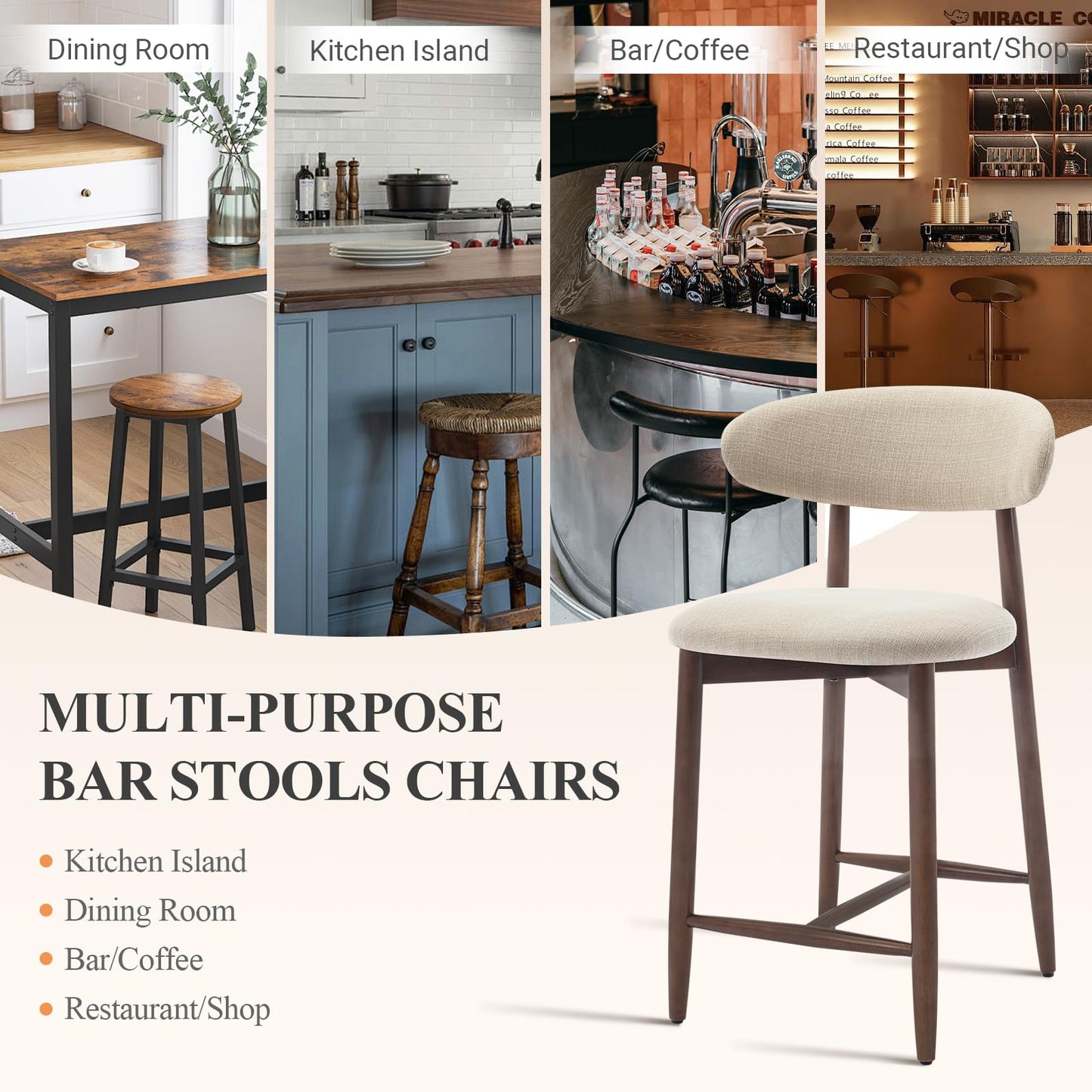 COLAMY Counter Height Bar Stools Set of 2, Kitchen Bar Stools with Back, Mid Century Modern Upholstered, with Wood Legs for Kitchen Island Dining Room, Beige