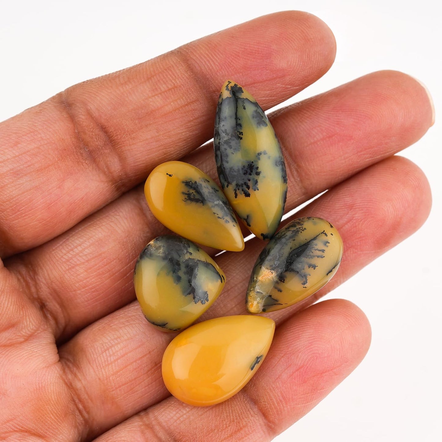 CRYSTALINES 5pcs, Wholesale Natural Yellow Dendrite Agate Gemstones, Bulk Flatback Cabochon Stones, DIY Jewelry Making, Healing Crystals, Polished Loose Supplies, Wire Wrapping, Gem Collection