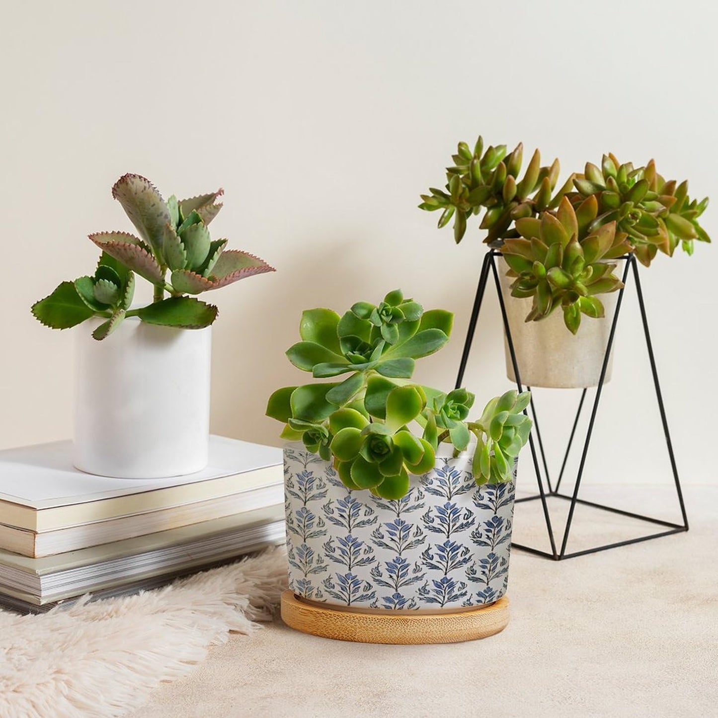 BRUYU5SE Mughal Flower Ceramic Planters Blue Floral Snake Plant Live Indoor with Pot with Drainage Holes and Saucers Pot for Indoor Outdoor Garden