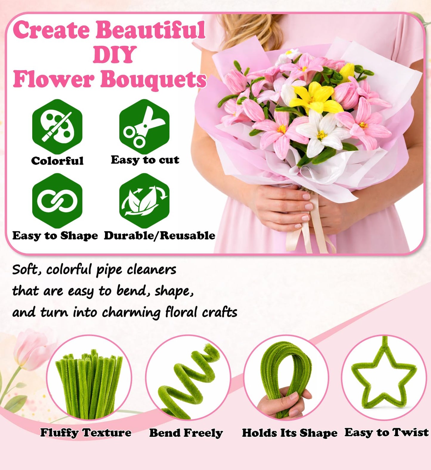 Pipe Cleaner Flower Kit Pink, 600PCS Pipe Cleaners Bulk for Flowers, Pipe Cleaners Craft Set, Chenille Stems Flower Making Kit with Floral Wires, Tape, Glue Sticks, Stamen, Wrapping Paper, Ribbon Card