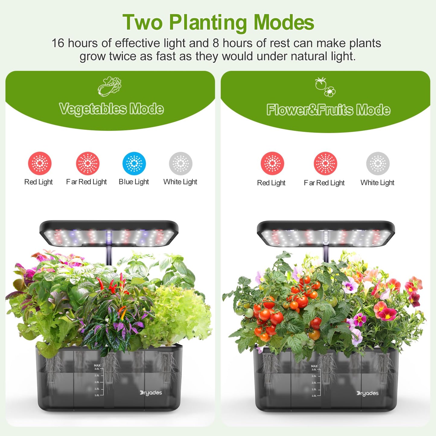 DRYADES 8-Pod Hydroponics Growing System Translucent Indoor Herb Garden with LED Grow Light Smart Quiet Pump Plant Germination Kit for Hydroponic Herbs, Vegetables, Lettuce Harvest on Countertop