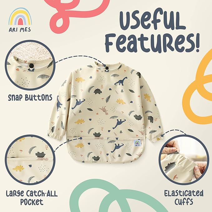 ARI MES Long Sleeves Waterproof Baby Bibs for Eating - Pink, Small - Wearable, Coverall for Toddler, Long Sleeve Bib, Smock Apron for Feeding - Applicable for 6-72 Months