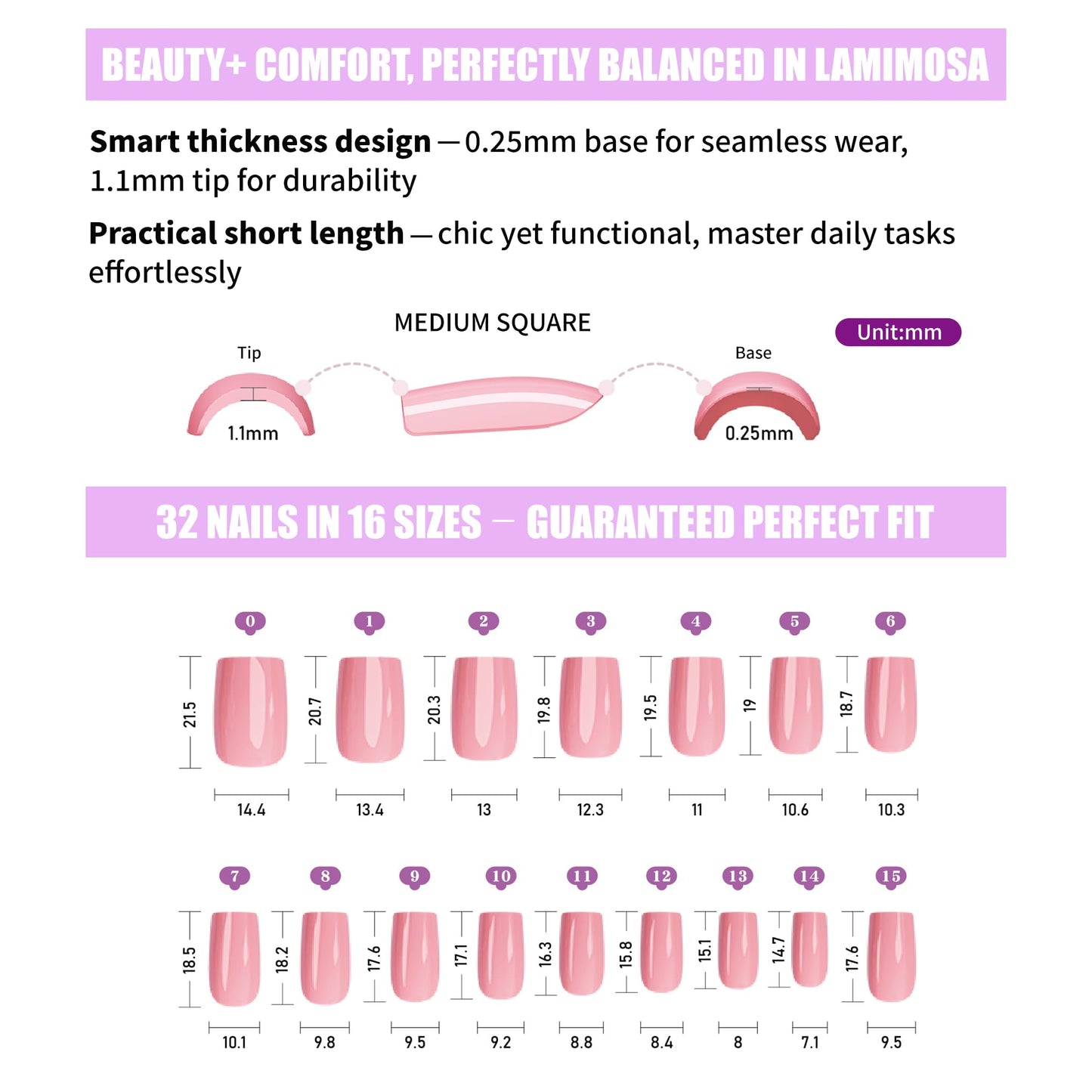 LAMIMOSA 32Pcs French Tip Press on Nails Medium Square – Soft Gel Fake Nails in 16 Sizes, Reusable Semi-Transparent Glue on Nails kit, BALLERINA
