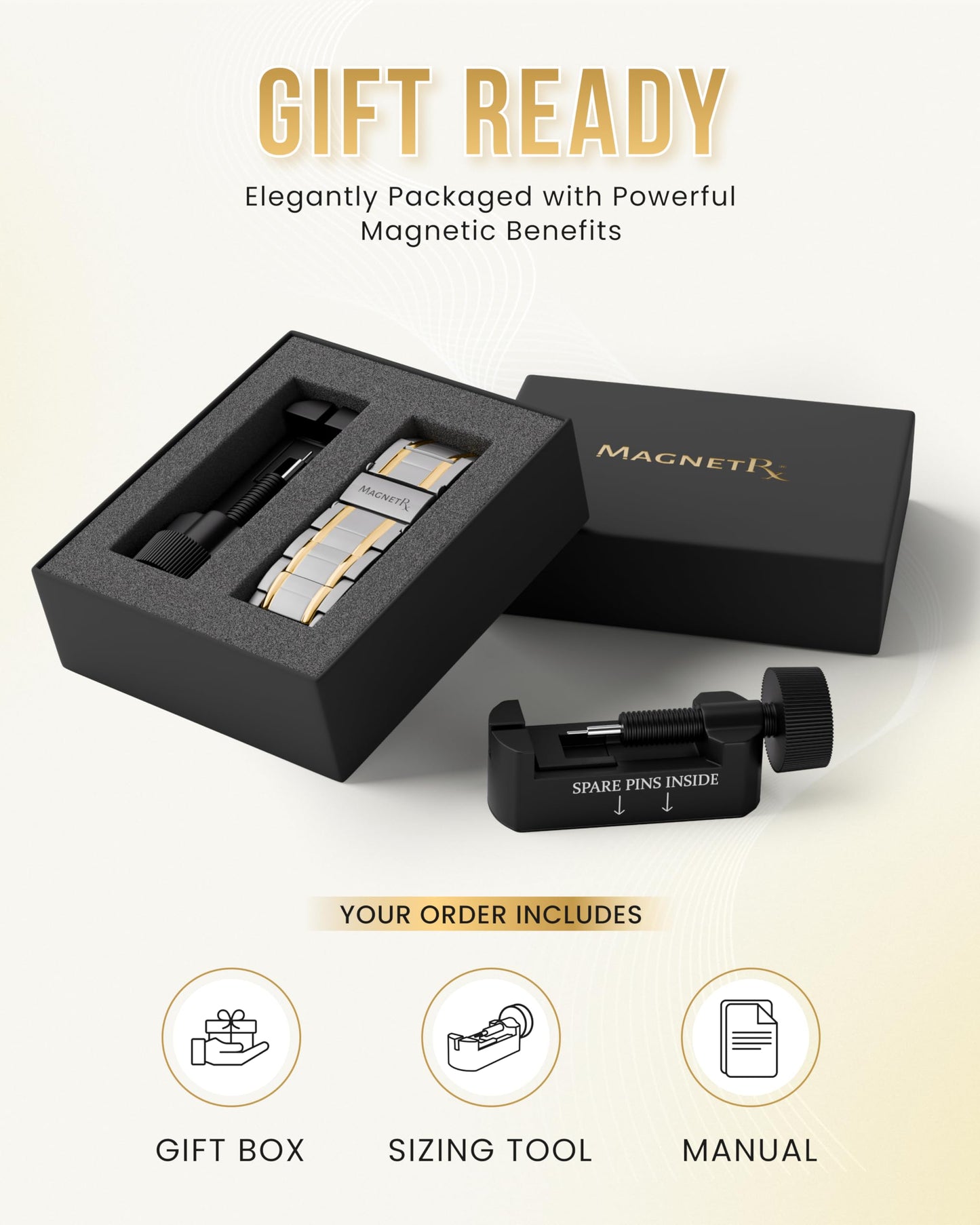 MagnetRX® 3X Strength Magnetic Bracelets for Men – Effective Magnetic Titanium Bracelet for Men – Premium Fold–over Clasp & Adjustable Length with Sizing Tool & Gift Box (Silver/Gold)