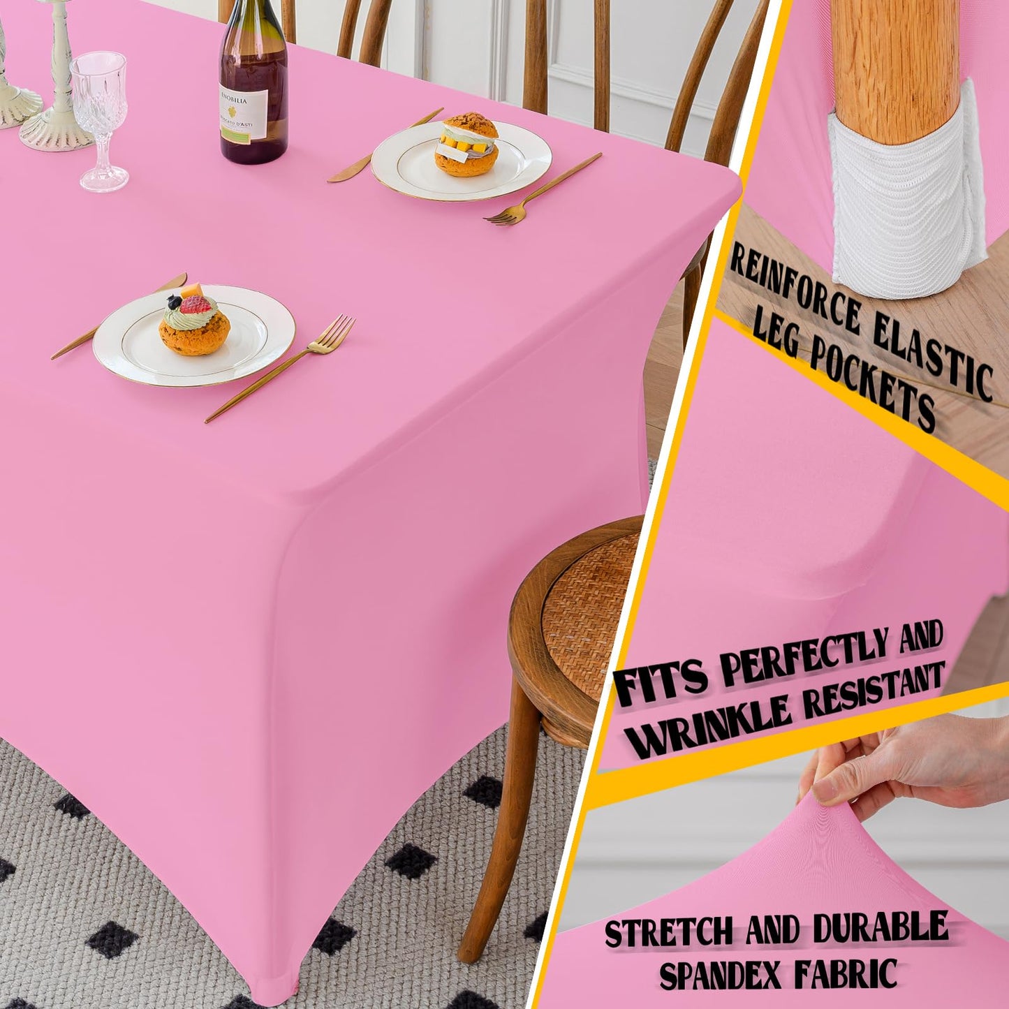 Famstar Table Cloth 2 Pack Pink 6FT Spandex Tablecloth for Rectangle Table Fitted Table Cloths Stretch Covers Washable Wrinkle Free Tablecloths for Festival Camping Picnic Wedding Party Table Cover