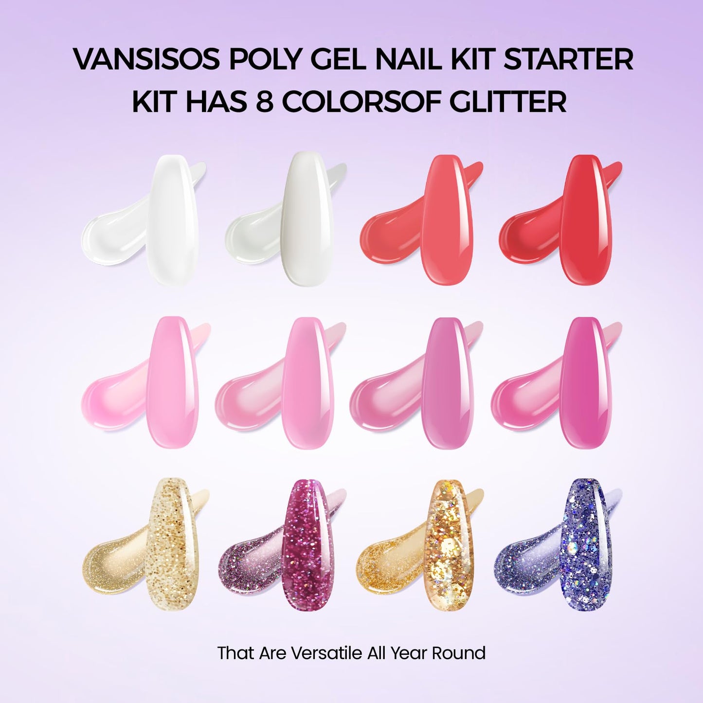 VANSISOS Poly Nail Gel Complete Kit: 12 Colors Poly Nail Gel Kit with U V Light Slip Solution with Base & Top Coat Extension Full Kit for Beginners DIY at Home or Professional Salon
