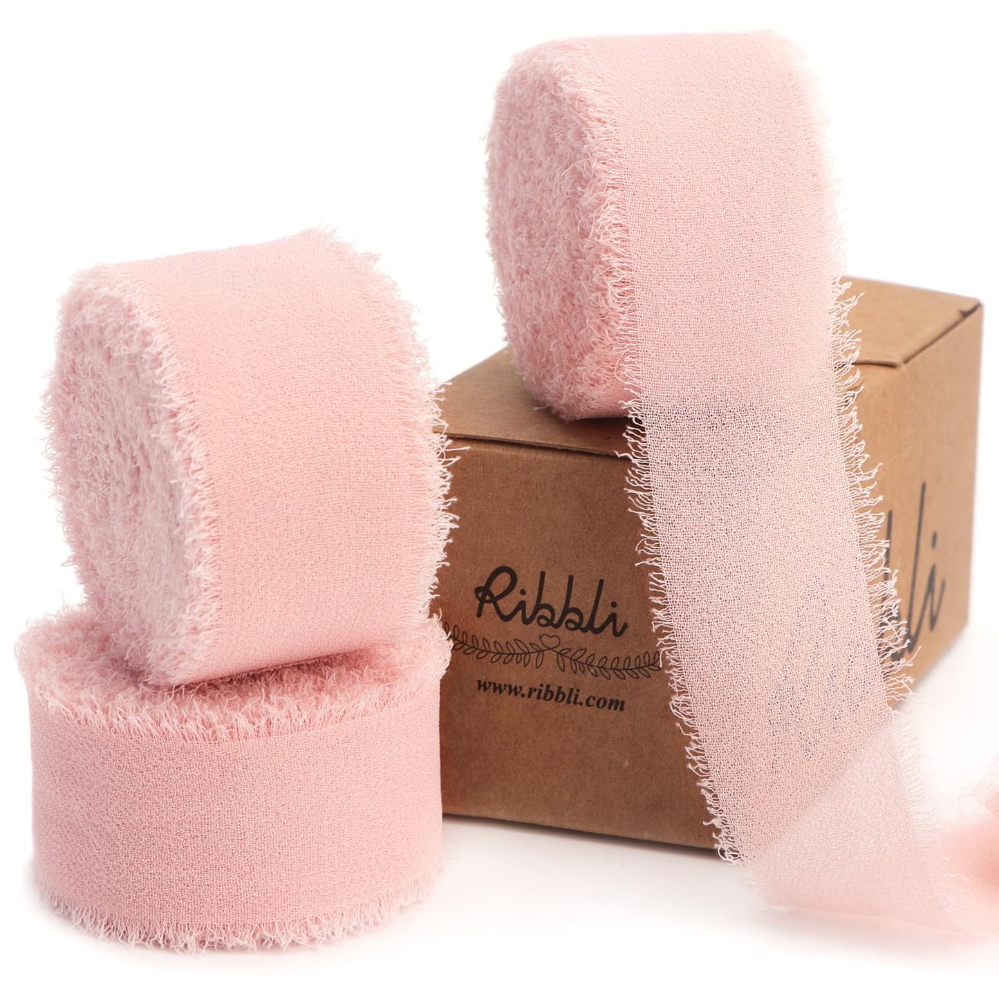 Ribbli Blush Pink Ribbon 1 Inch x 3 Rolls Total 24 Yards Pink Handmade Fringe Chiffon Silk Ribbon for Wrapping Wedding Invitations Bridal Bouquets DIY Crafts Home Decor