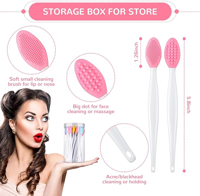 Patelai 24 Pcs Silicone Exfoliating Lip Scrub Brush with Container Double Sided Silicone Lip Scrubber Soft Cleaning Brush for Men Women Lightening for Dark Lips(Mixed Colors)