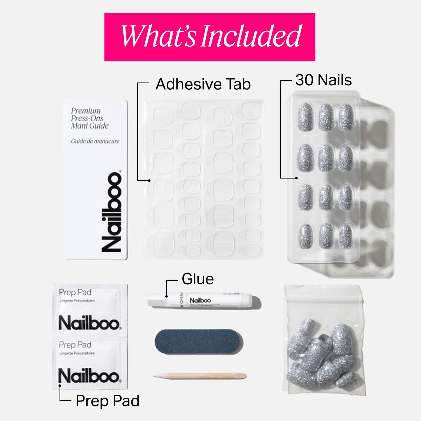 Nailboo Press On Nails, Salon-Quality Reusable Fake Nails for Fast DIY Manicure with Strong Hold Nail Glue for Press Ons, Nail File, & Alcohol Prep Pads, Gala Gal