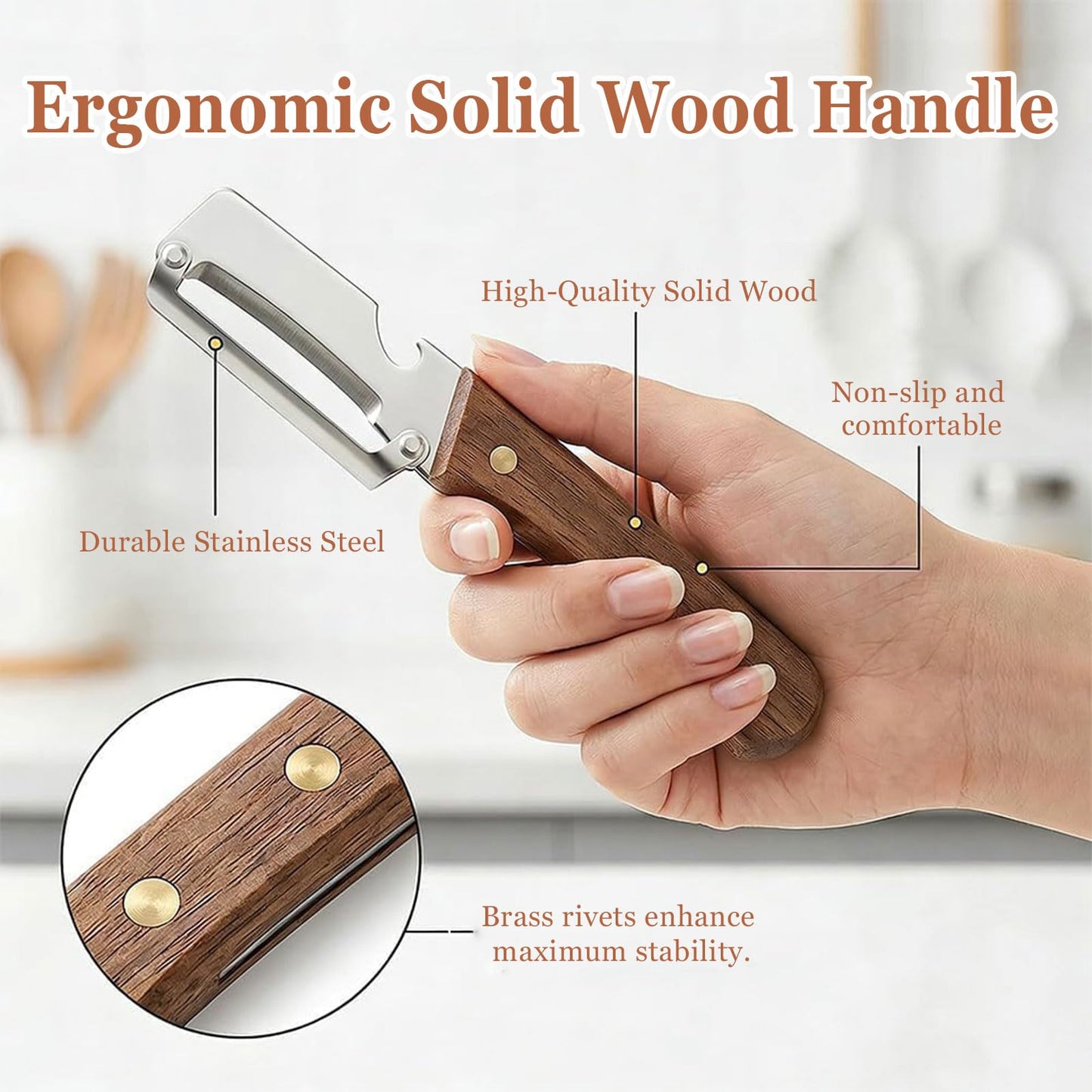 2 Pack 2 in 1 Multifunctional Vegetable Peeler, Sharp Stainless Steel Blade, Wooden Handle & Bottle Opener, Non-Slip Ergonomic Tool for Potato, Apple, Carrot, Pumpkin, Pineapple, Papaya, Zucchini