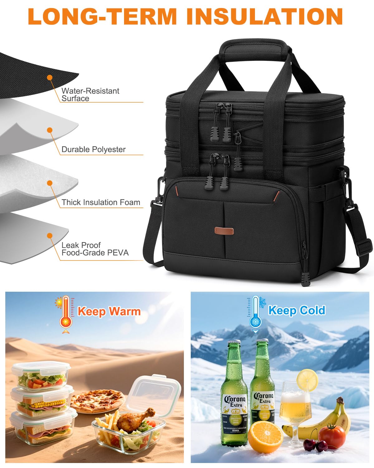 Pritent Lunch Box For Men Women Double Deck Insulated Lunch Bag For Men Woman Leakproof Expandable Cooler Bag with Adjustable Shoulder Strap for Work Picnic School(Black,Medium)