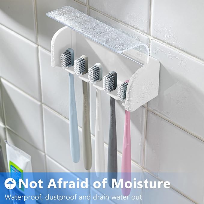 5 Slots Toothbrush Holder Wall Mount with Cover, Self Adhesive Toothbrushes Storage Organizer Perfect for Dorm Bathrooms and Shower, Holds 5 Toothbrushes. (White)