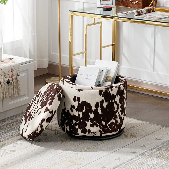 LukeAlon Linen Makeup Ottoman with Storage, Upholstered 360° Swivel Vanity Stool with Foldable Backrest Modern Cylindrical Footrest Stool for Living Room Bedroom, Cow Print