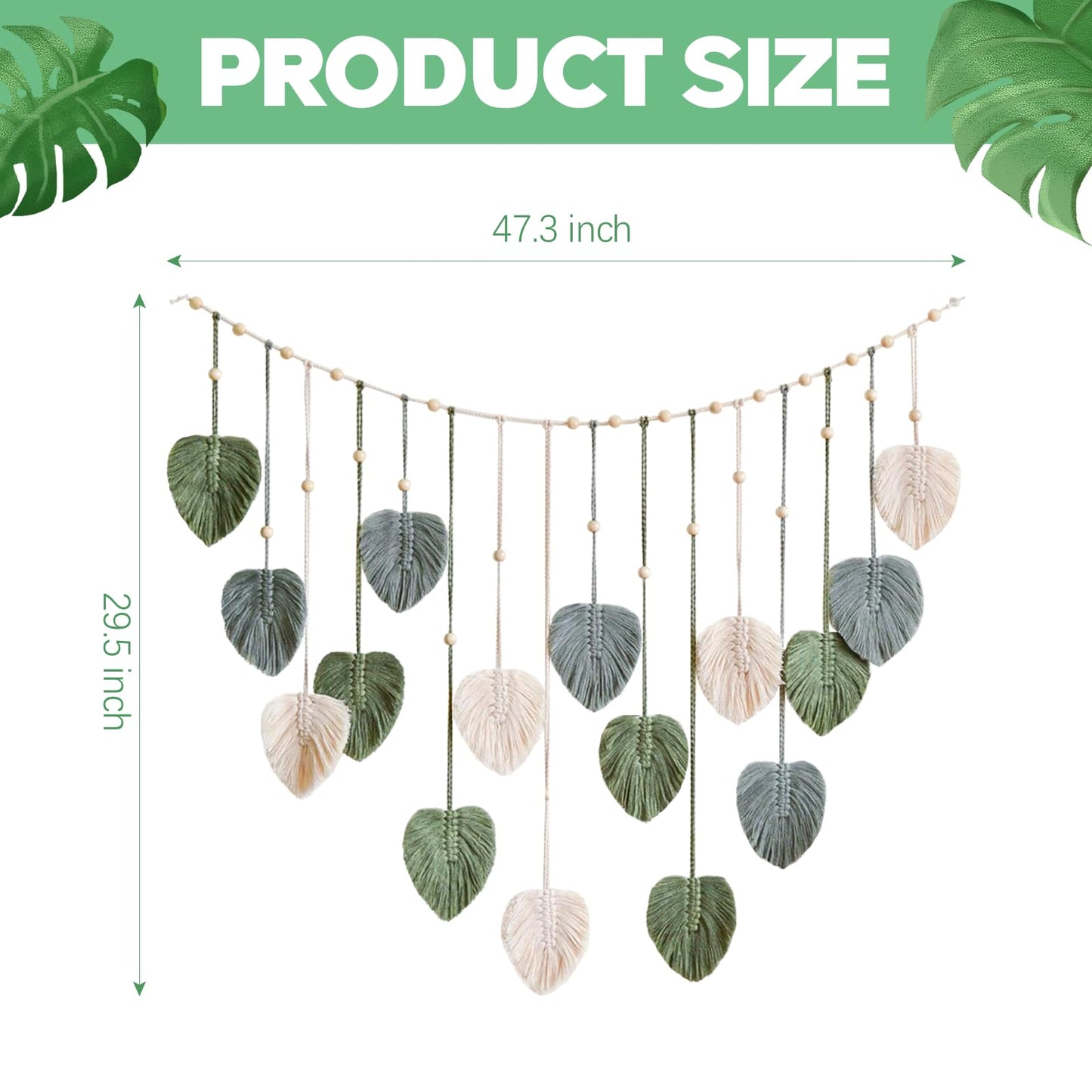 Urbun Macrame Leaves Wall Hanging -Large Chic Feather Boho Macrame Wall Decor Leaf Hanging Photo Display Handmade Woven Wall Art Leaf Tapestry for Nursery, Bedroom, Living Room, 29.5 x47.3 Inch