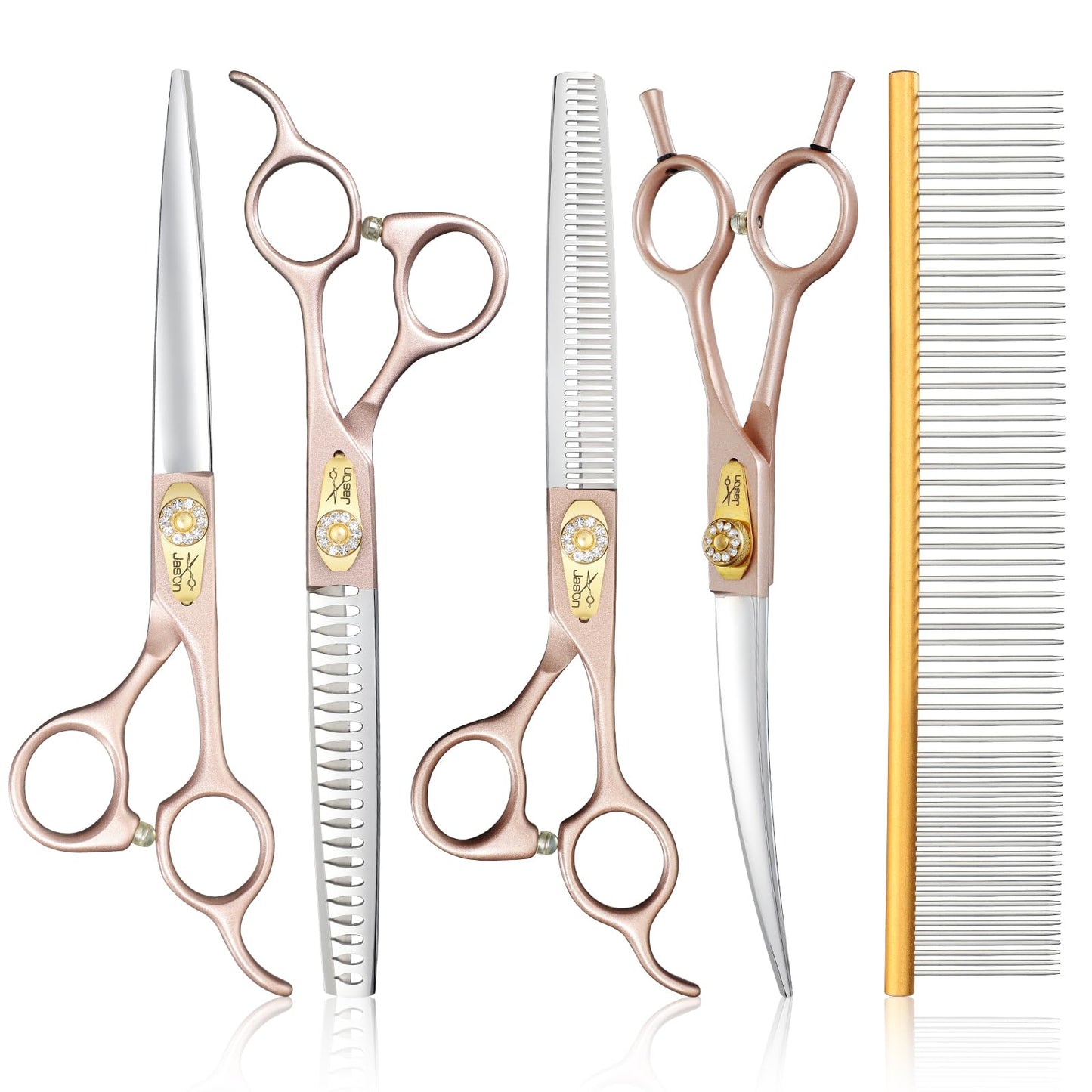 JASON Dog Grooming Scissors Set, Professional 6 in 1 Dog Scissors Sharp Shears Set - 7" Thinning, Chunker, Straight, Curved Shears and Comb for Dog Cat Pet, Rosegold Christmas Gift