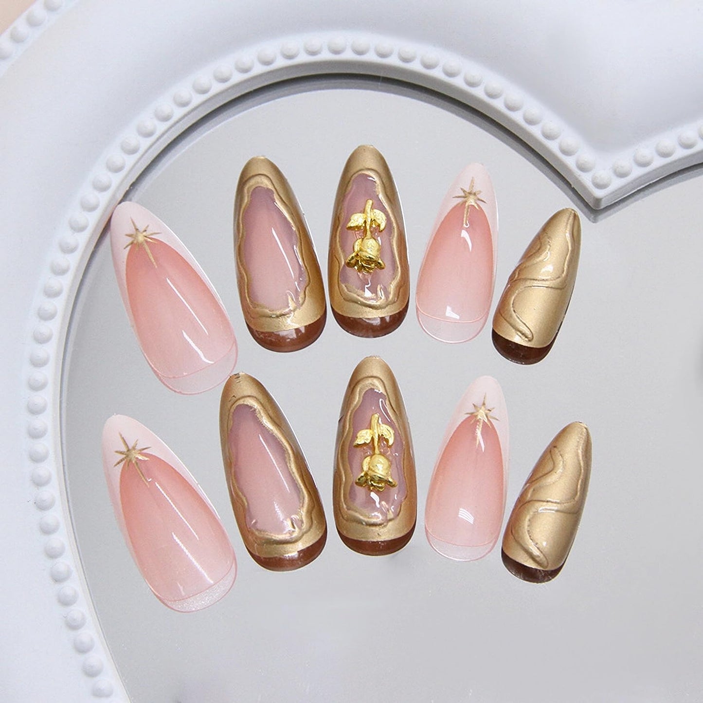 MISUD Press on Nails - Medium Almond Fake Nails with White French Tip, Acrylic Gold Chrome Design 24 pcs