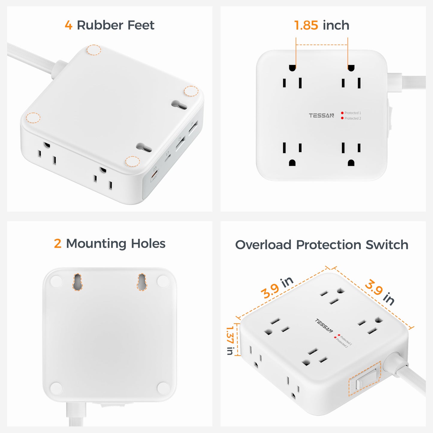 TESSAN Dual Surge Protector Power Strip, 5 Ft Extension Cord Flat Wall Plug with 4 USB (2 USB C) 8 Outlets, 2100J Surge Protection, 20W Multiple Charging Station for Home, Office, College, Dorm, Grey