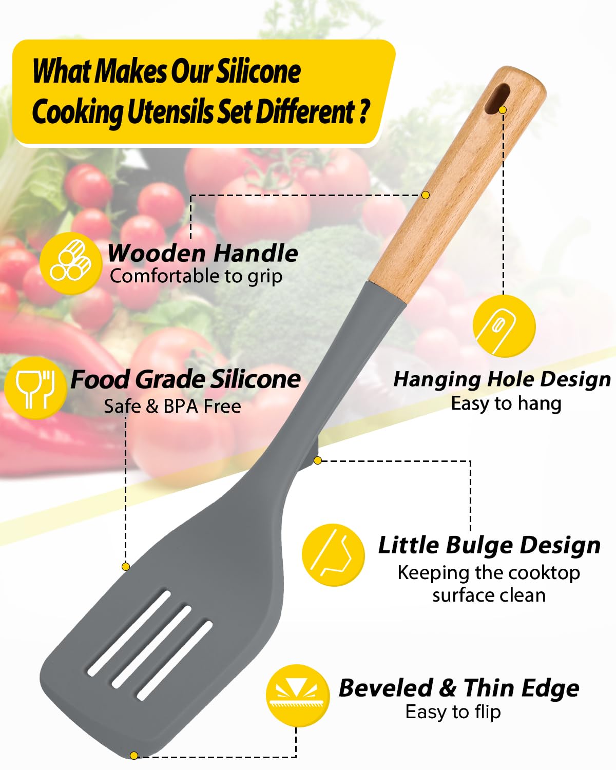 Silicone Kitchen Utensil Set for Non Stick Cookware, 7 Pcs Heat Resistant Cooking Utensils with Wooden Handle, BPA Free Kitchen Tools with Spatulas, Spoons, Skimmer and Pasta Fork (GRAY)