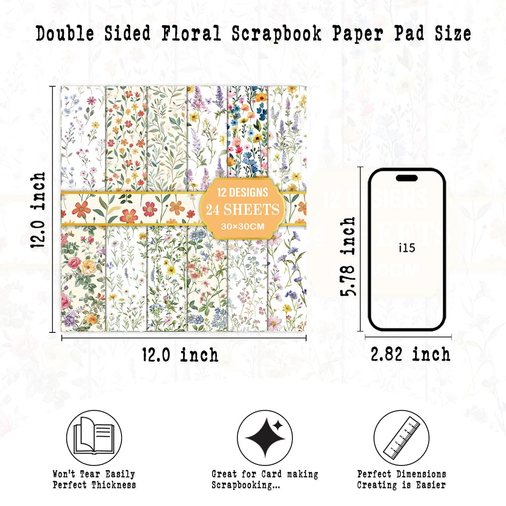 Diuhofart 12x12 Scrapbook Paper Pad - 24 Sheets Double-Sided Pastel Wildflower Paper - Dainty Daisy & Lavender Patterns for Spring Layouts, Easter Crafts & Romantic Journals