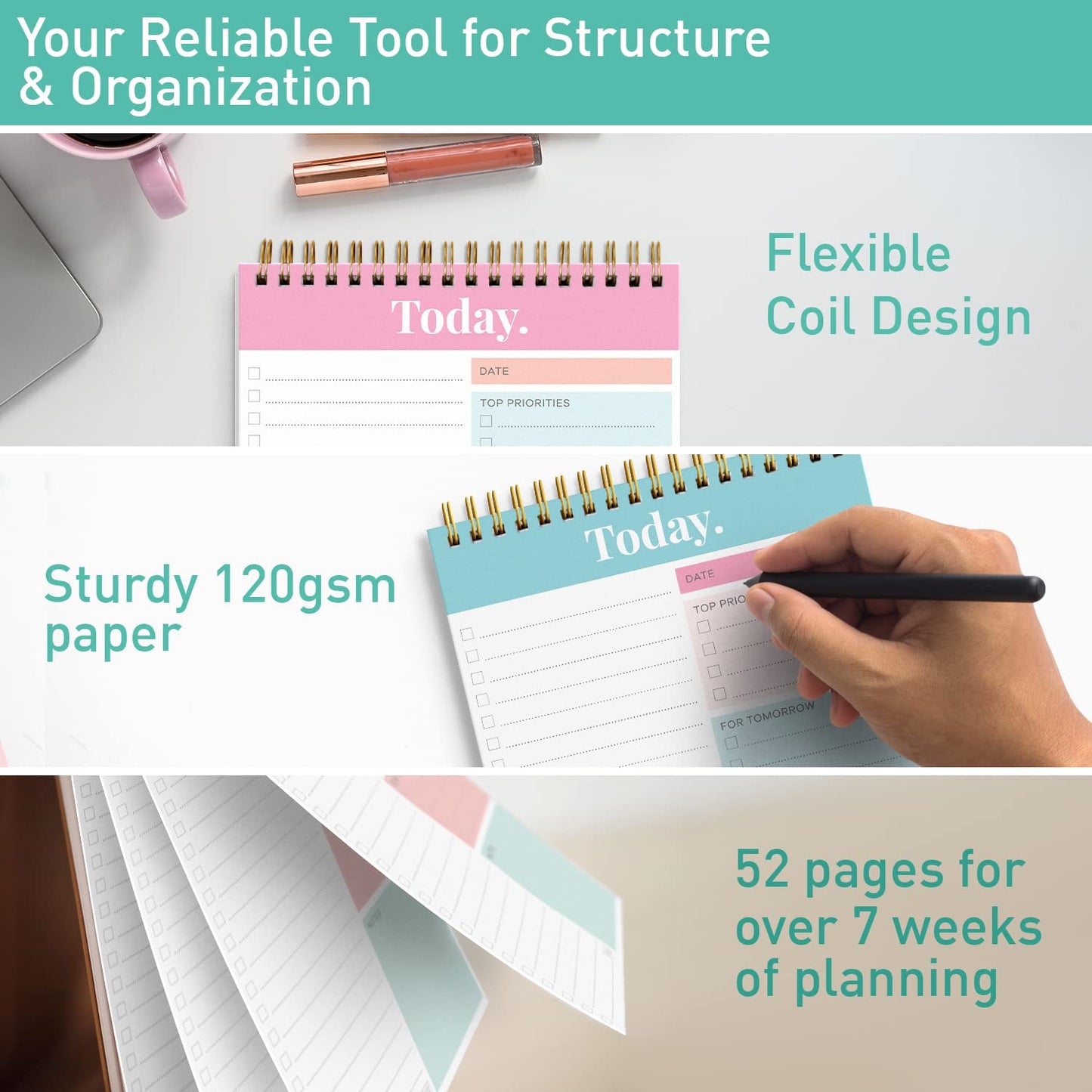 Sweetzer & Orange Daily & Weekly To Do List Notepad – Undated Work Planner & Organizer with Wish List Section, 52-Sheet Coiled Task Pad for Productivity – SET OF 4 To Do List Notebook for Work