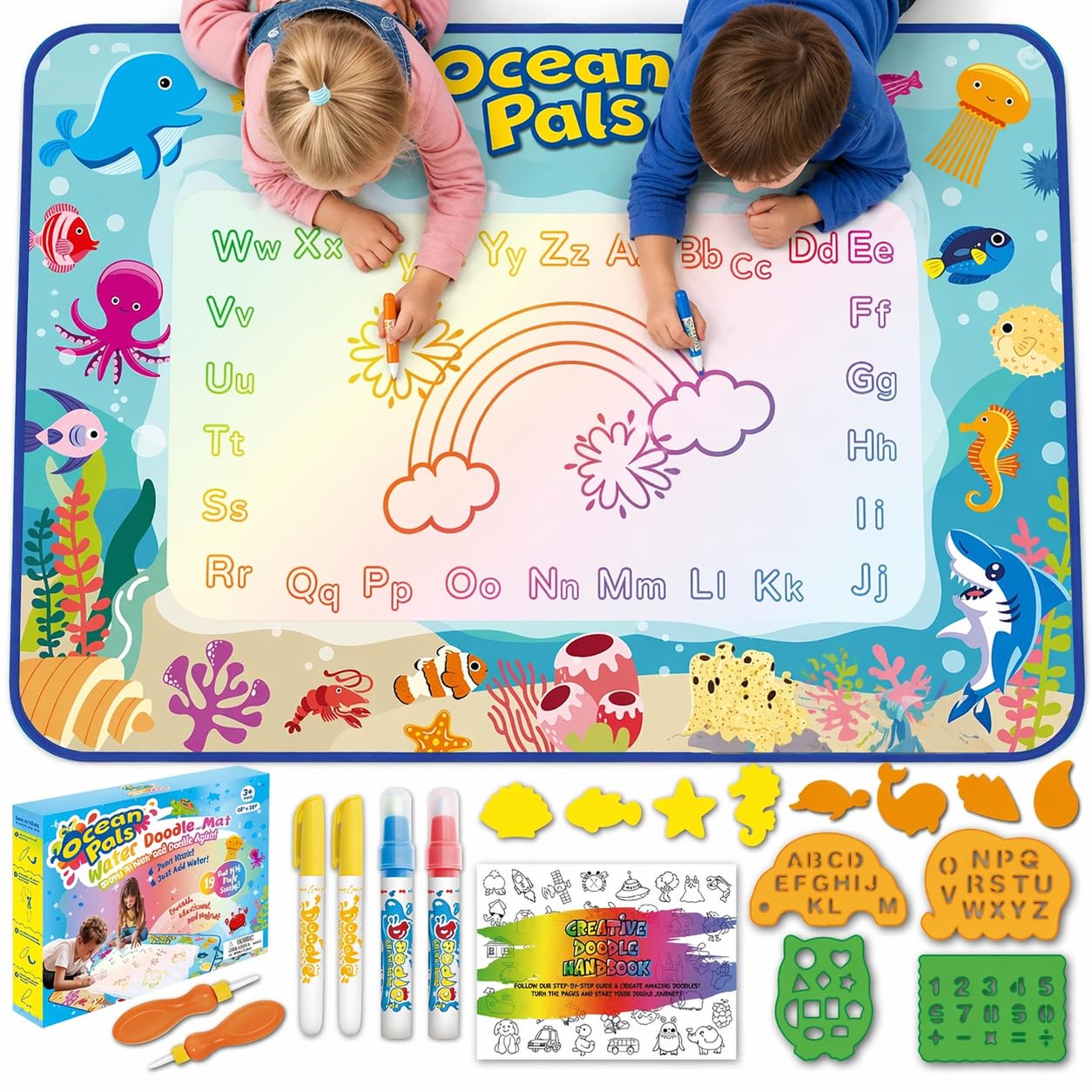 ANIMOLDS Water Doodle Mat for Kids, Large 40 x 32 Aqua Magic Reusable Drawing Mat, Mess Free Coloring & Writing Toy, Educational Gift for Toddlers Boys Girls