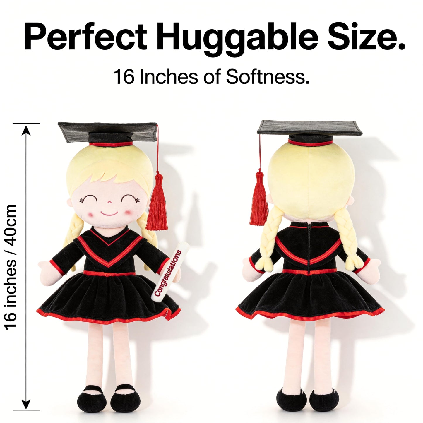Gloveleya 16" Classic Black Graduation Doll - Traditional Cap & Gown Plush Toy - Kindergarten Preschool Graduation Ceremony Gift, Class of 2026 Keepsake