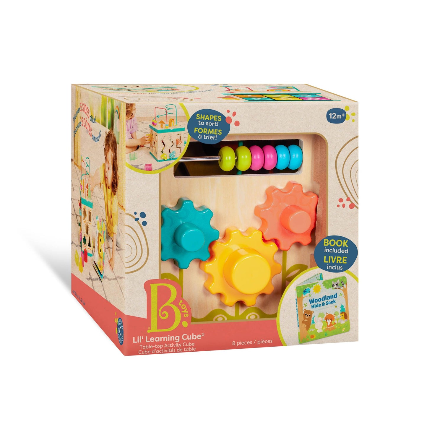 B. toys – Tabletop Activity Cube – Educational Storybook Included – Wooden Shape Sorter, Bead Maze, Animal Tiles – Top Flips for Compact Storage – 12+ Months – Lil' Learning Cube