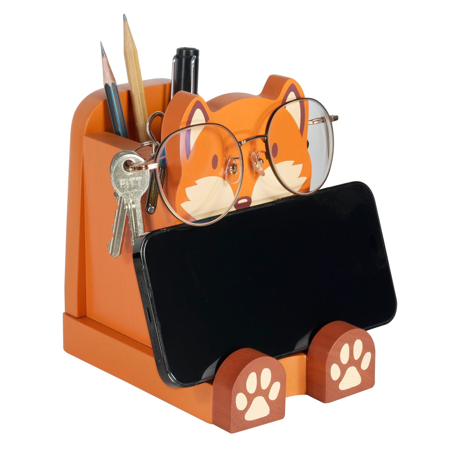 I'm Solid Wood Multipurpose Eyeglass Phone Pen & Pencil Holder Stand Stationery Desk Box Organizer Accessories Decor, Cute Home Office Desktop Decoration Birthday Graduation Gifts Fox Gifts (Fox)