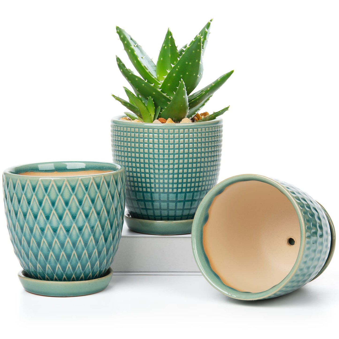 Oairse 4 inches Ceramic Planters Pots for Indoor Plants 3 Set of Small Round Flower Pots with Drainage Hole and Ceramic Tray Modern Planters Set for Succulents Cactus Garden Home Windowsill Table