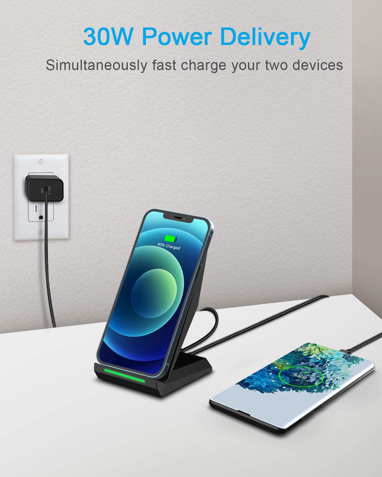 Fast Wireless Charging Stand, Equipped with PD 30W Adapter, High Speed Universal Charger with Extra USB-A Port Compatible with iPhone 17/16/15/14/13/12/11, for Samsung Galaxy S26/S25/S24/S23/S22