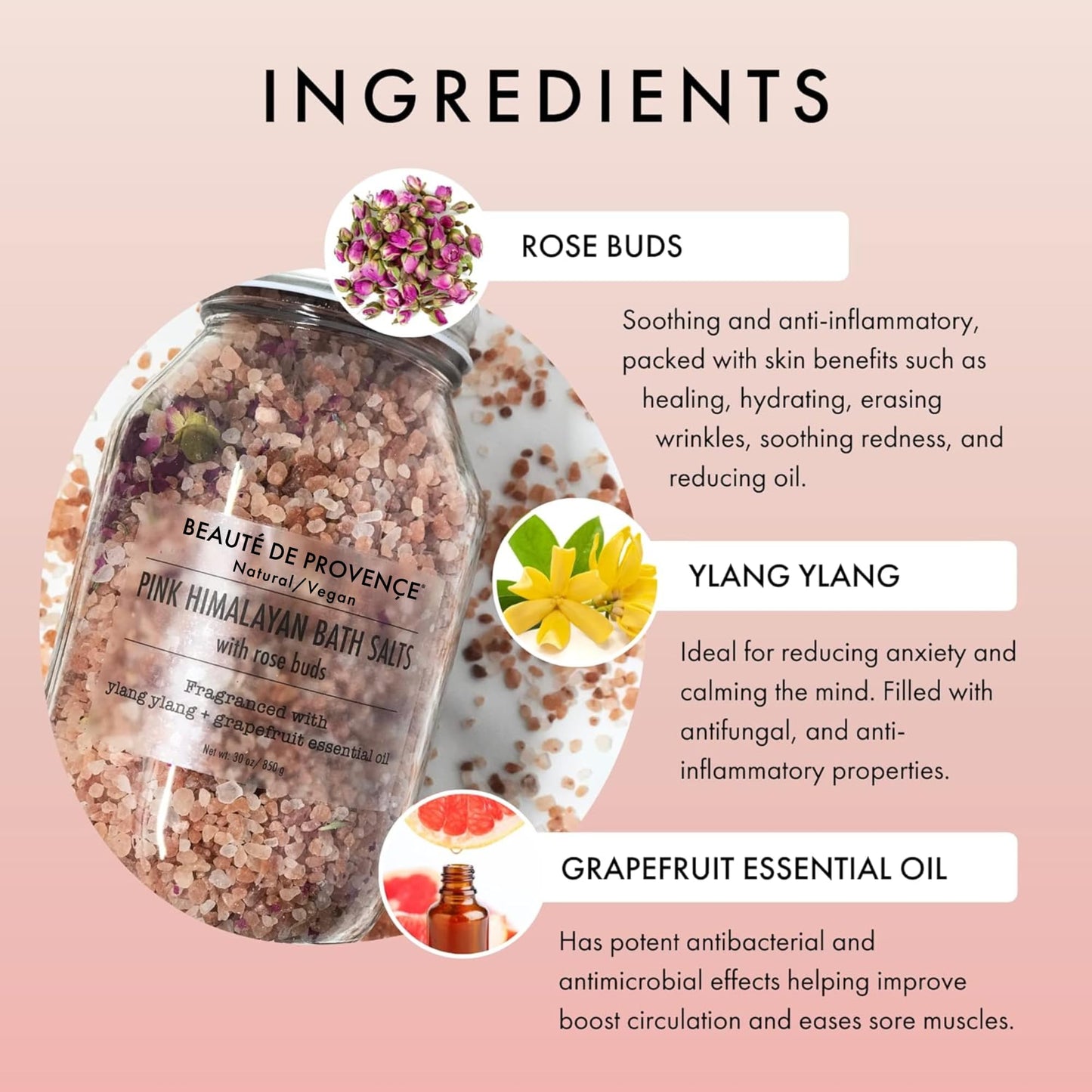 Beaute DE Provence Pink Himalayan Bath Salt with Rose Petals - 100% Natural Aromatherapy & Relaxation - Ylang Grapefruit Essential Oil Bath Salts for Women - Cruelty-Free, Revitalize & Soothes Skin